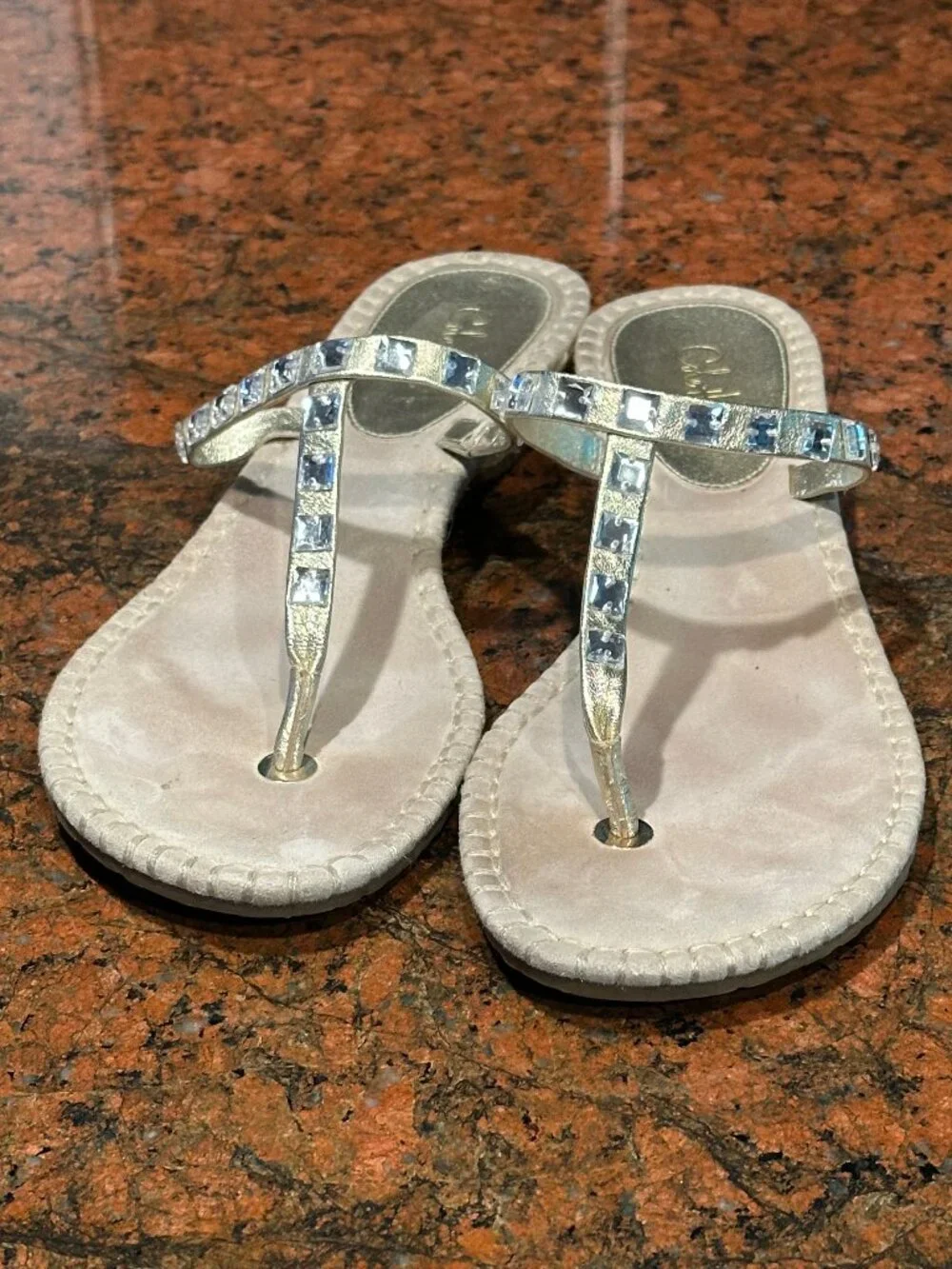 Cole Haan Kalla Thong Gold Leather T-Strap Rhinestone Accent Sandals, 8.5 M